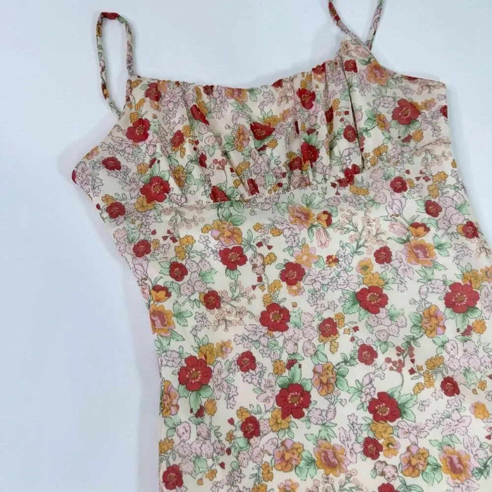 Liz & Sara Mini Dress Womens Medium Tan Floral Y2K Lined Smocked Crepe Milkmaid - Picture 3 of 9